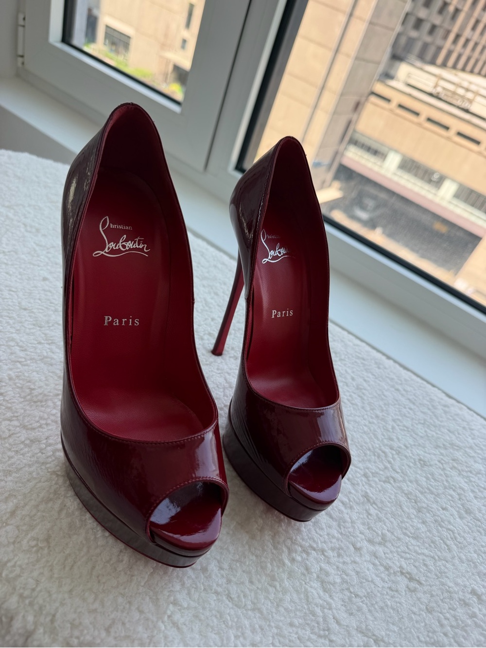 Christian Louboutin Red Patent Leather Peep-Toe Stiletto Pumps